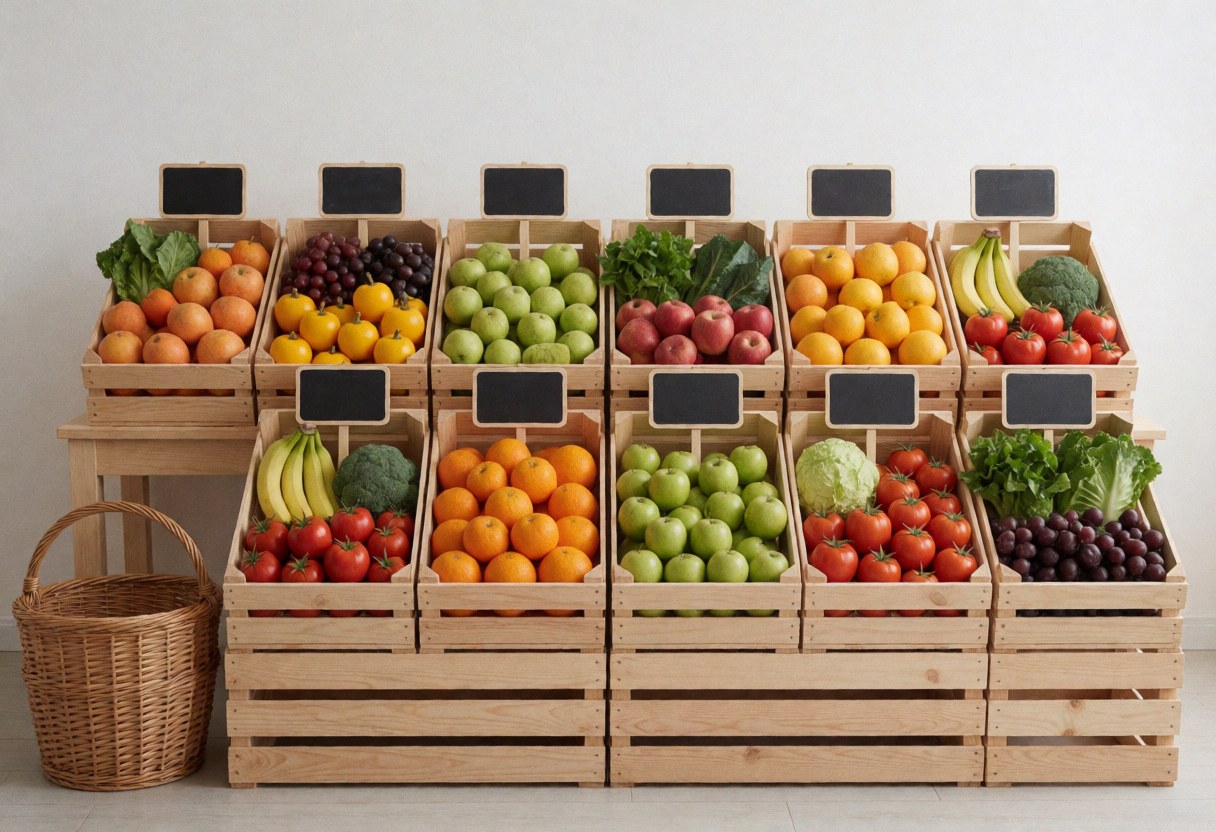 Fresh fruits and vegetables arranged in wooden crates at a market with a wicker basket on the floor