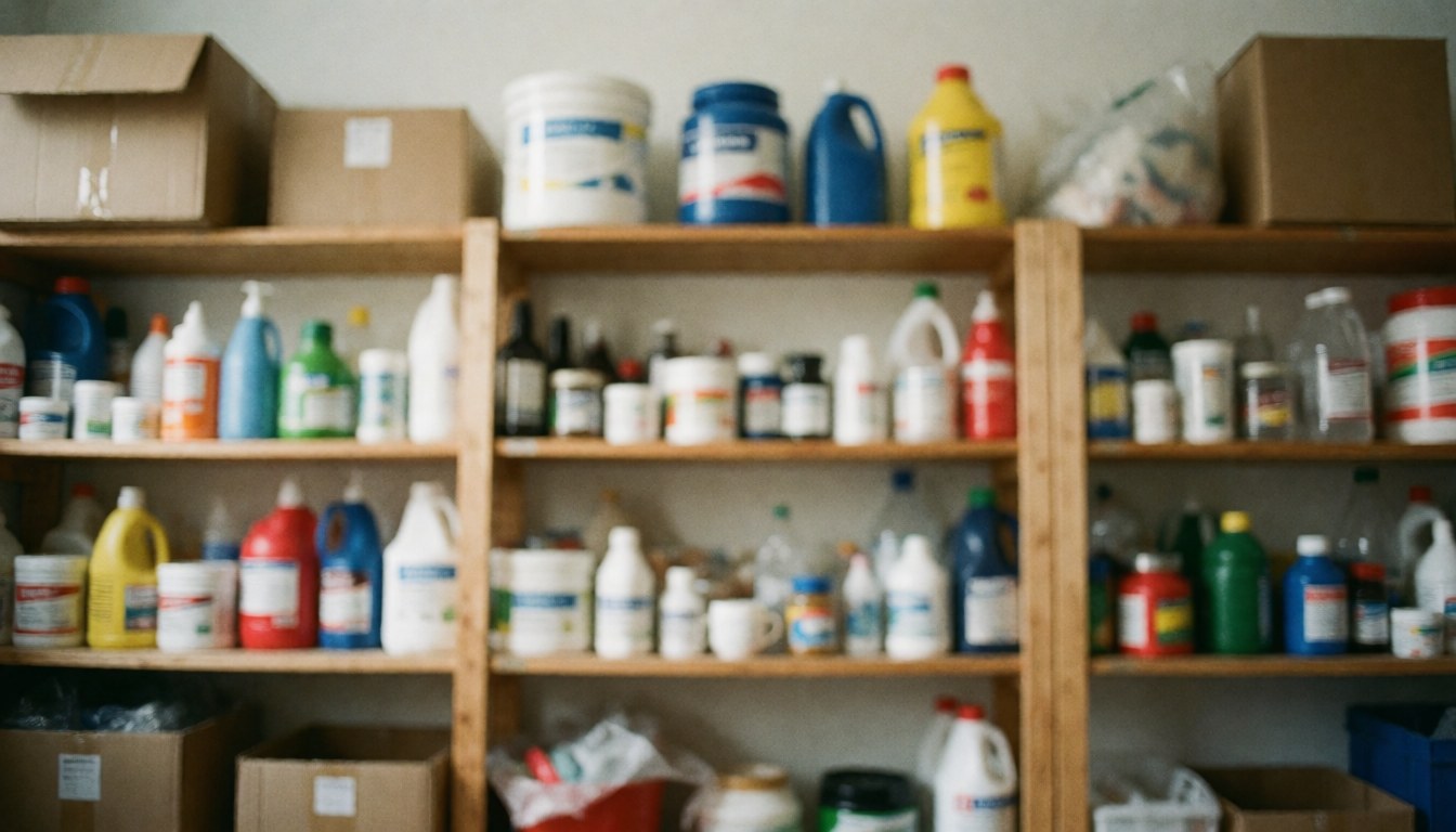 A clean and organized warehouse interior featuring wooden shelving units stocked with various moving boxes, bottles, and storage containers against a blurred background.