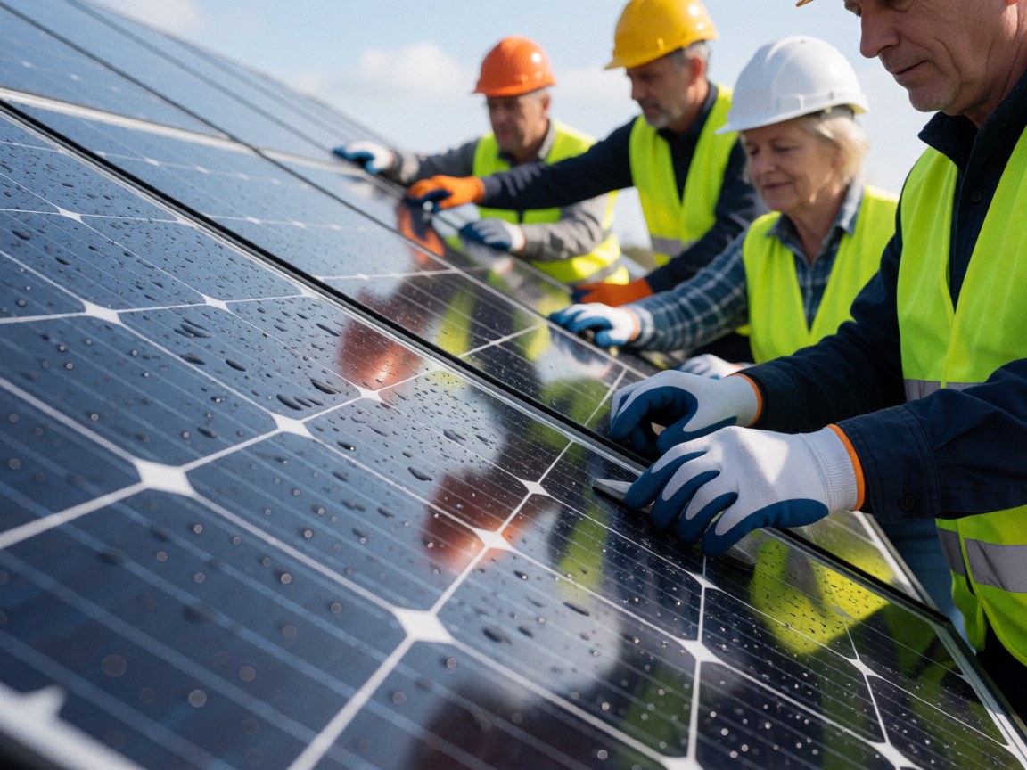Workers wearing helmets and vests cleaning solar panels with water drops under natural light, reflecting the sky, highlighting solar energy work
