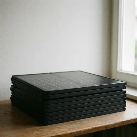 A stack of foldable solar panels resting on a wooden table, illuminated by natural window light against a clean white background with rustic modern aesthetic.