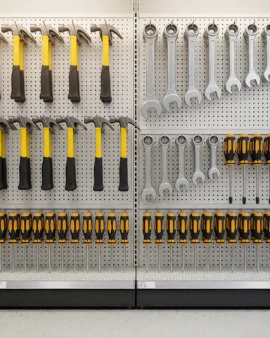 Neatly arranged wall of hand tools including hammers, wrenches, and screwdrivers on a pegboard in a well-lit hardware store.