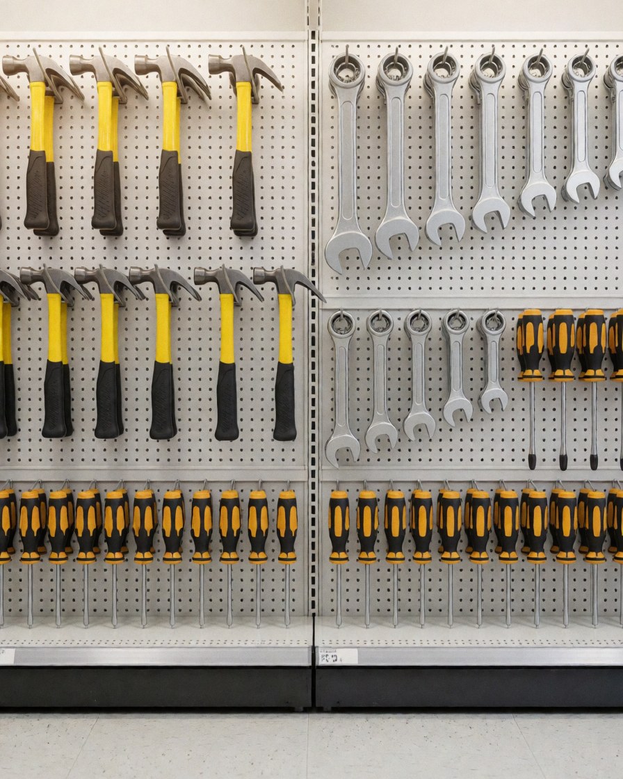 Neatly arranged wall of hand tools including hammers, wrenches, and screwdrivers on a pegboard in a well-lit hardware store.