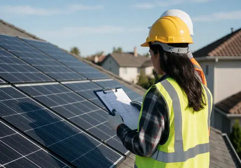 A female technician in safety gear inspects solar panels on a residential roof while holding a clipboard under a clear blue sky.