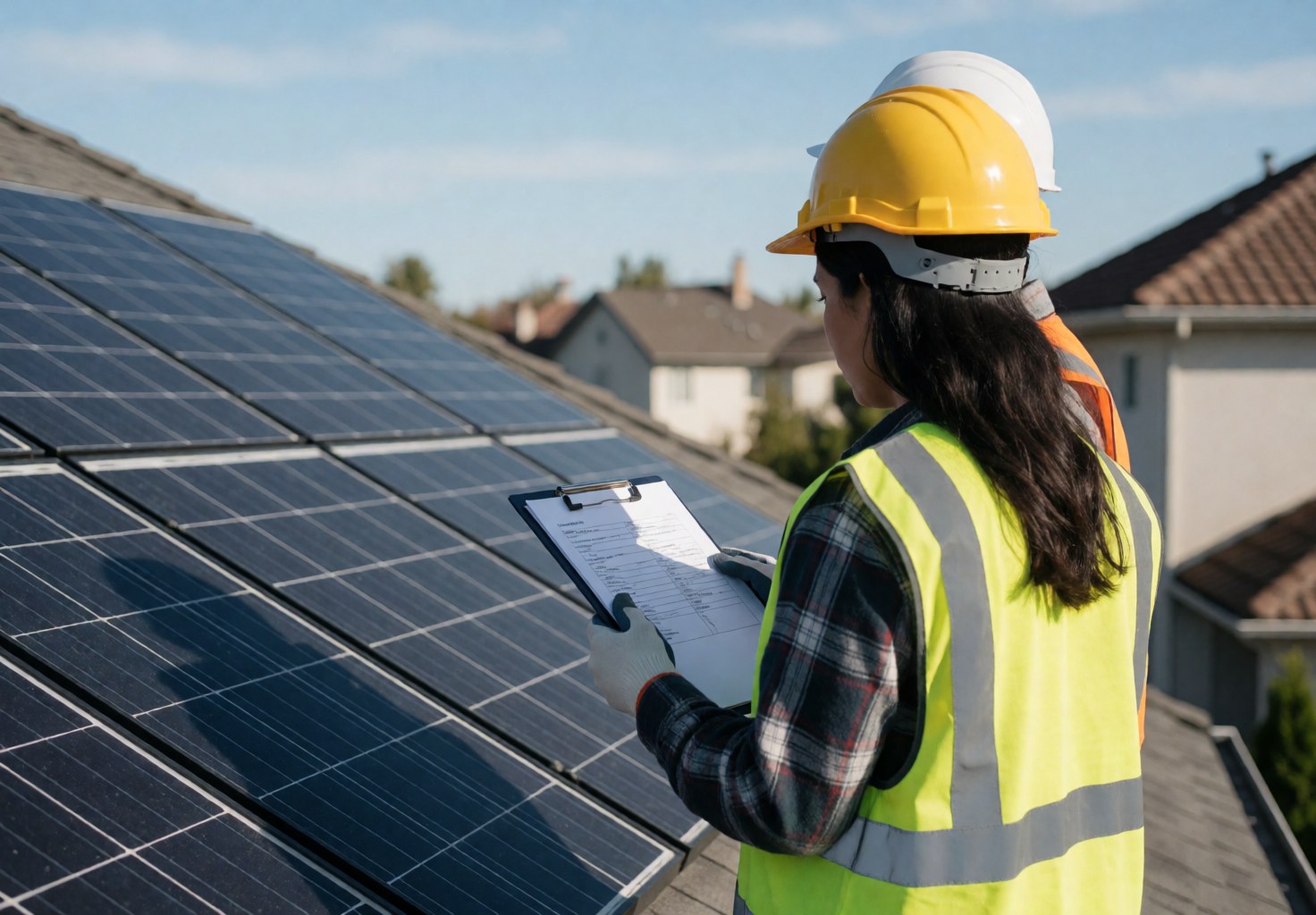 A female technician in safety gear inspects solar panels on a residential roof while holding a clipboard under a clear blue sky.