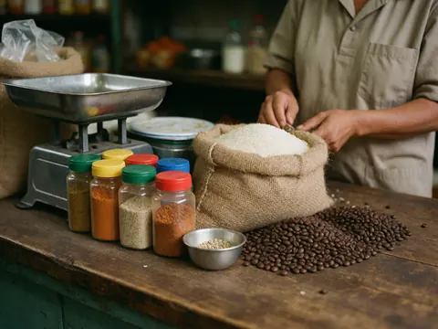 Hands working at a rustic wooden table in a minimarket, surrounded by rice sacks, spices, coffee, and a scale.