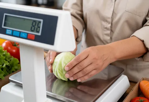 A close-up view of hands weighing fresh vegetables on a digital scale in a grocery store setting