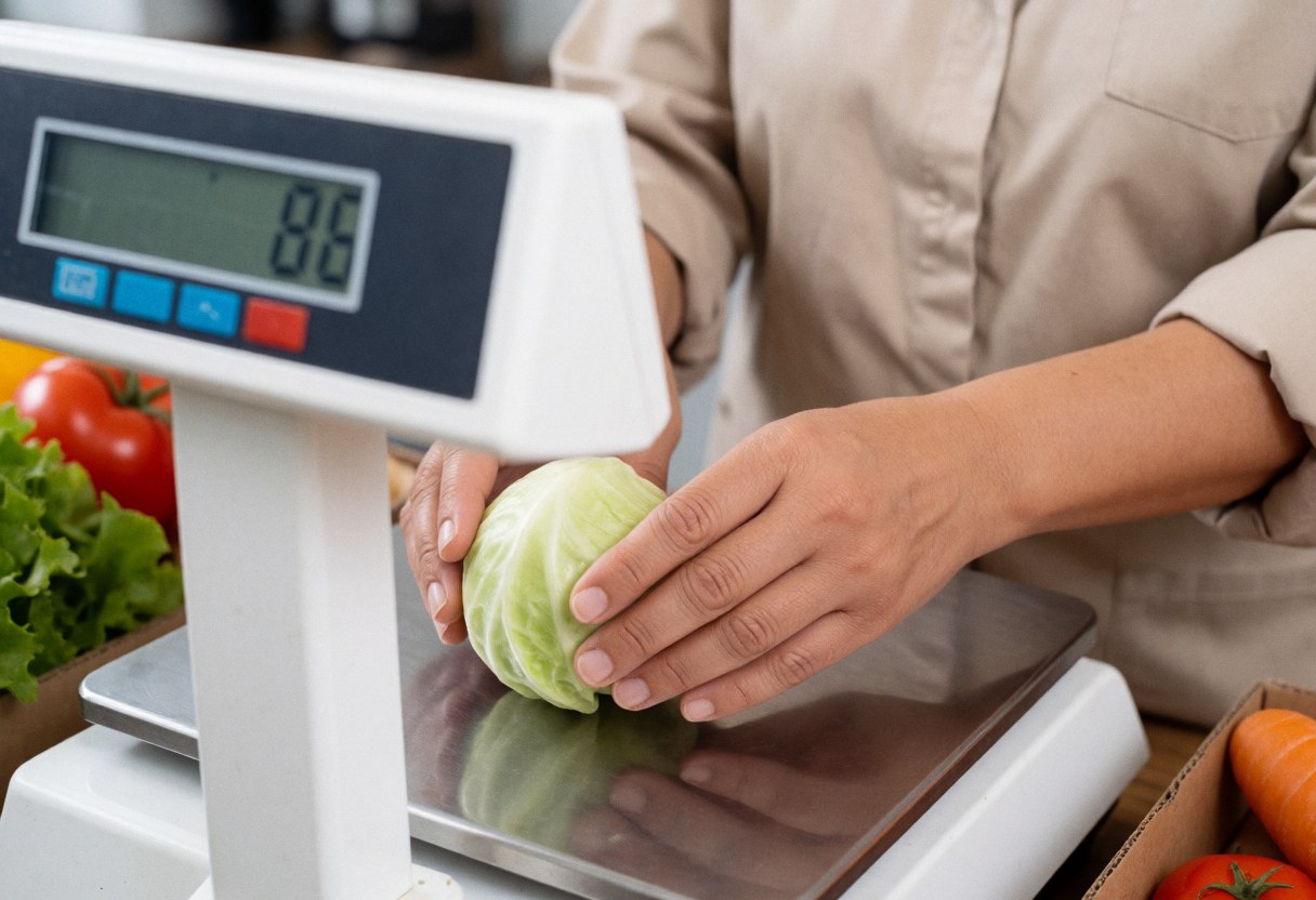 A close-up view of hands weighing fresh vegetables on a digital scale in a grocery store setting