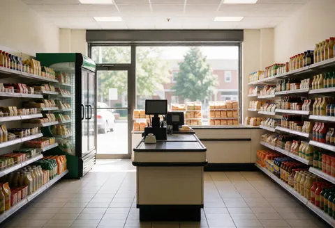 Empty minimarket interior featuring stocked shelves, a checkout counter, and a refrigerator illuminated by daylight, appearing clean and organized.