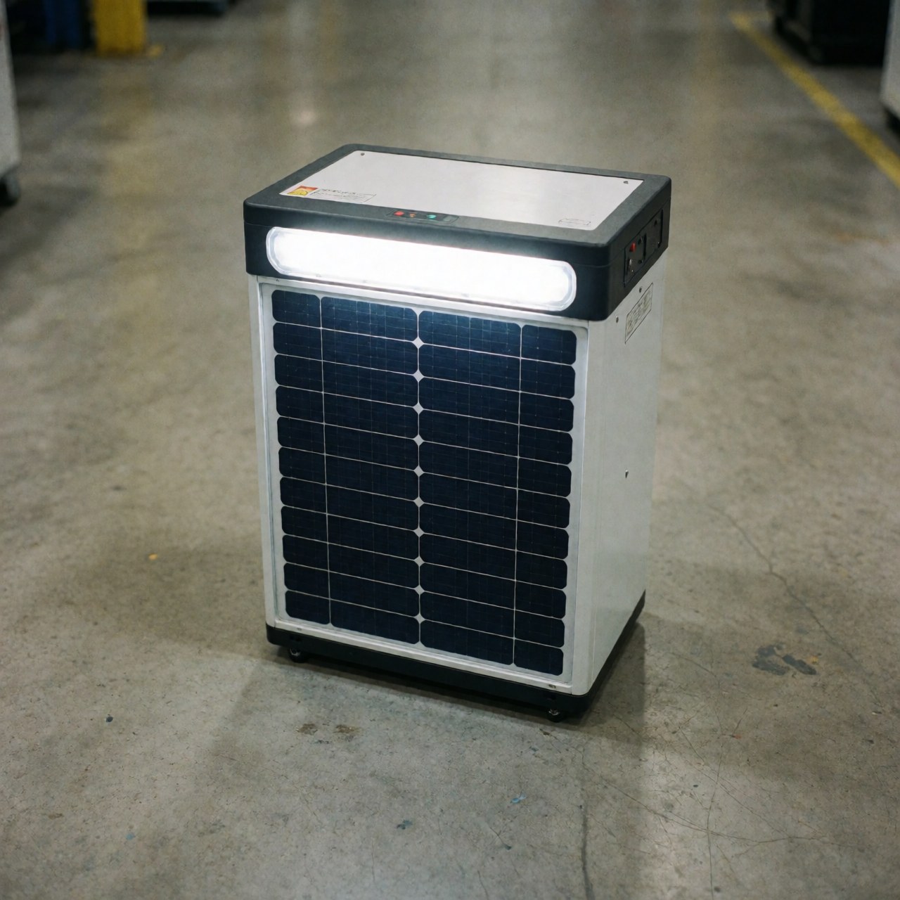 Portable solar power unit featuring a photovoltaic panel and led light resting on a concrete floor in an industrial workshop setting.