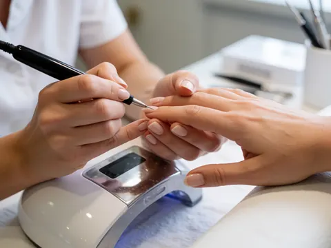 Close-up of a professional manicurist applying gel polish to nails with a brush, featuring a clean station with tools and bright white lighting.