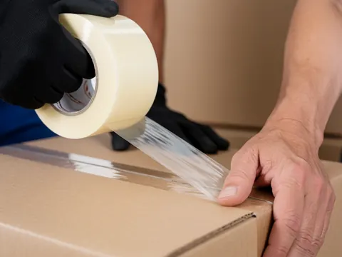 Close-up of a gloved hand applying clear packing tape to a brown cardboard box during a professional moving process with a blurred background.