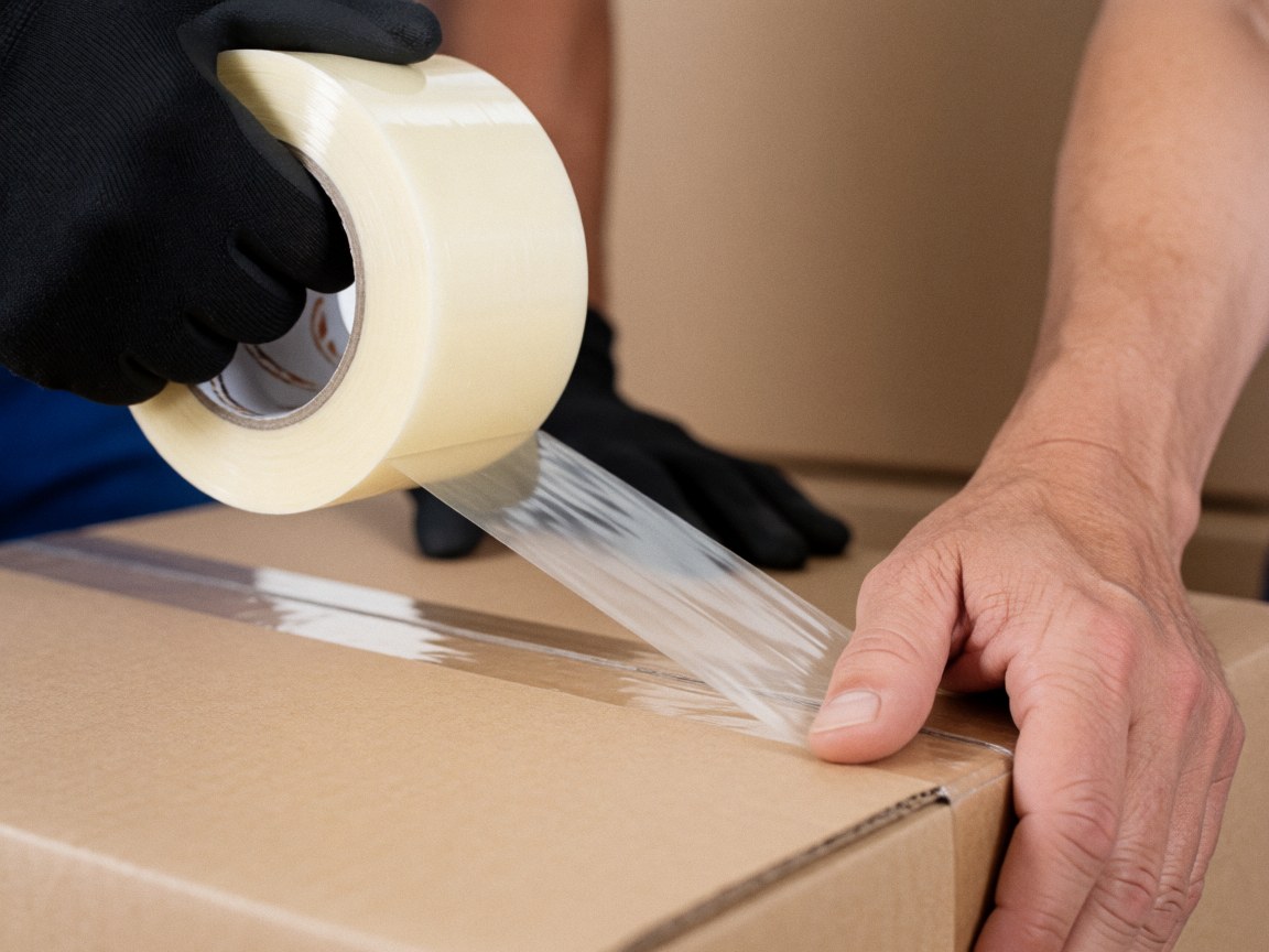 Close-up of a gloved hand applying clear packing tape to a brown cardboard box during a professional moving process with a blurred background.
