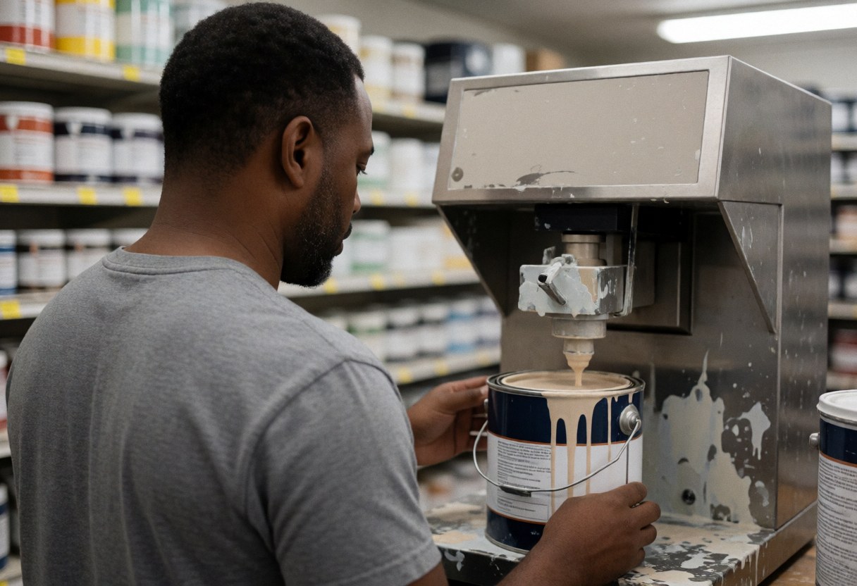 A worker operates a paint mixing machine to blend custom colors for customers at a local hardware store