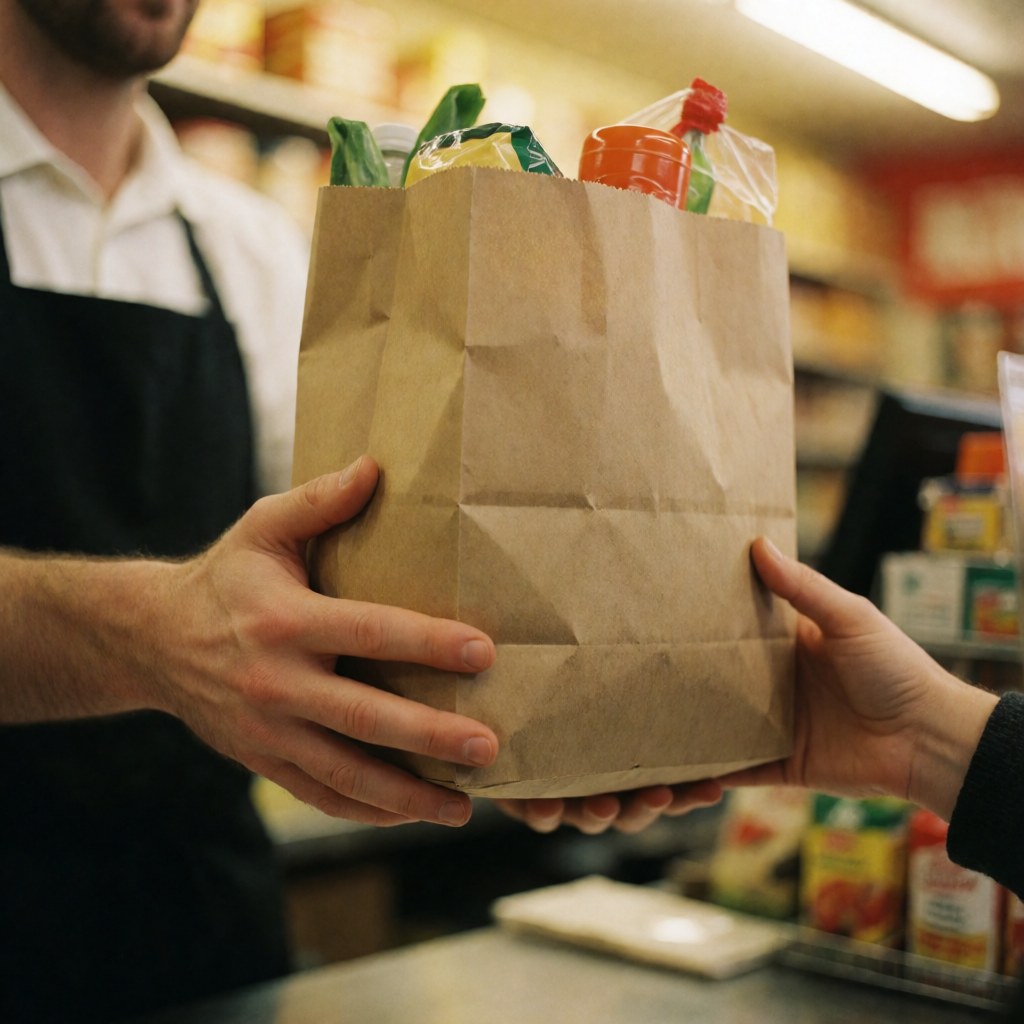 Seller's hand handing a brown paper shopping bag to a customer in a small grocery store with warm lighting and visible products