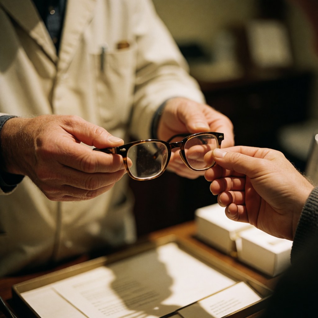 Close-up of an optician's hands delivering completed eyeglasses to a client, highlighting the product and warm lighting in an optical store setting
