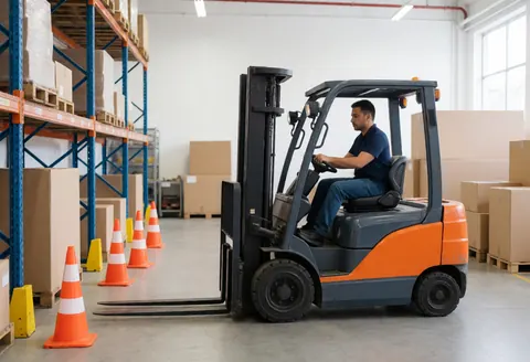 A forklift moving cargo inside a warehouse with stacked boxes and safety cones visible in the background
