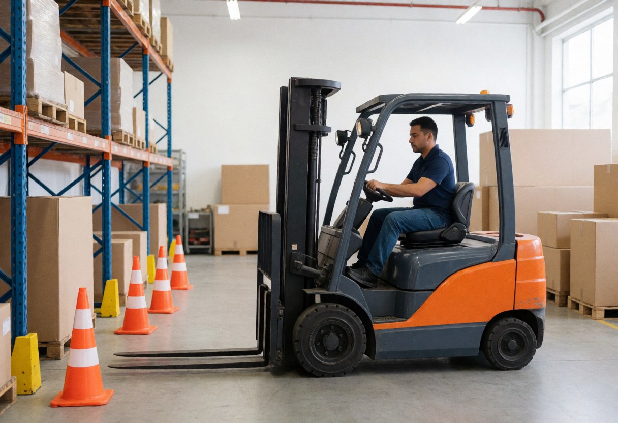 A forklift moving cargo inside a warehouse with stacked boxes and safety cones visible in the background