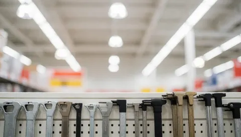 Bright hardware store interior background featuring wrenches in the foreground with ample copy space for text, ideal for construction and DIY businesses.