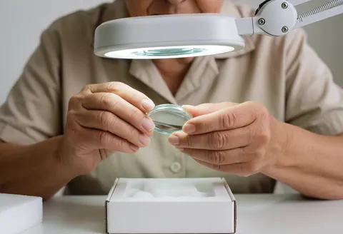 A woman with skilled hands inspects a lens under a magnifying light in an optical laboratory, demonstrating precision and care in quality control.
