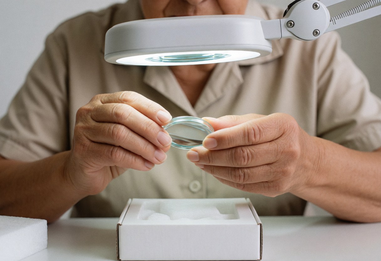 A woman with skilled hands inspects a lens under a magnifying light in an optical laboratory, demonstrating precision and care in quality control.