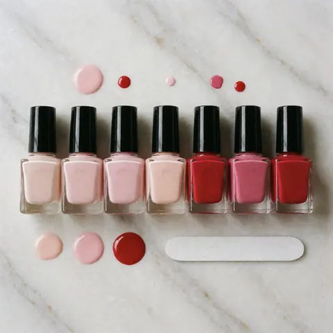Top view of pastel and red nail polish bottles arranged on marble with color drops and a cleaner