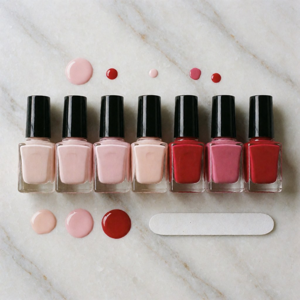 Top view of pastel and red nail polish bottles arranged on marble with color drops and a cleaner