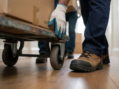 A worker wearing gloves and work shoes pushes a dolly with a cardboard box down a wooden hallway during a professional home move.