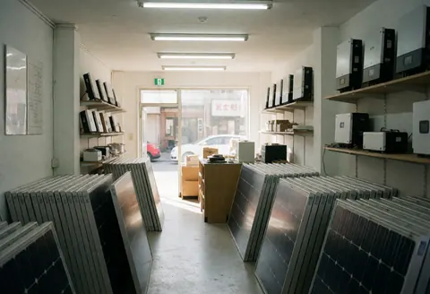 Interior view of a solar energy storage facility featuring white walls, shelves with boxes, solar panels, inverters, and batteries under natural and fluorescent lighting