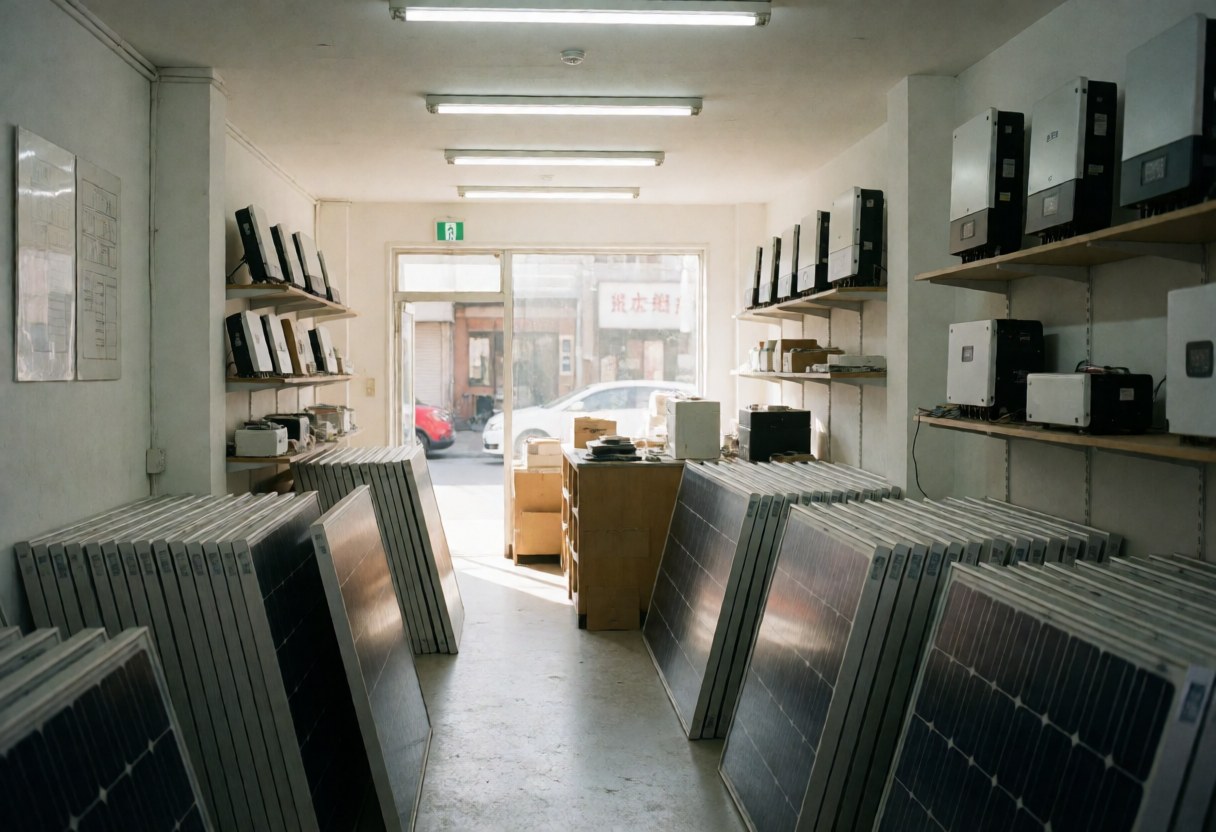 Interior view of a solar energy storage facility featuring white walls, shelves with boxes, solar panels, inverters, and batteries under natural and fluorescent lighting