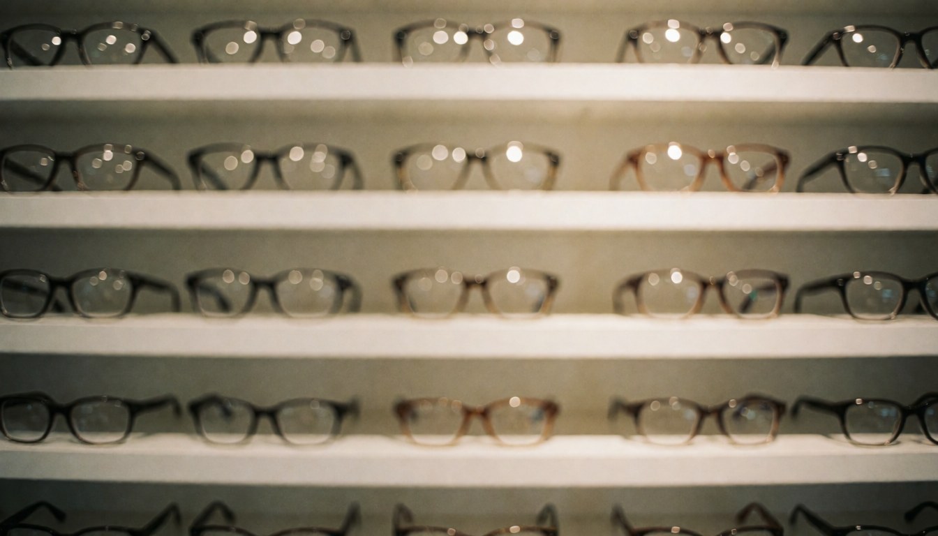 A soft, out-of-focus background featuring neatly arranged eyeglass display shelves, ideal for overlaying text or marketing content in an optical store setting.