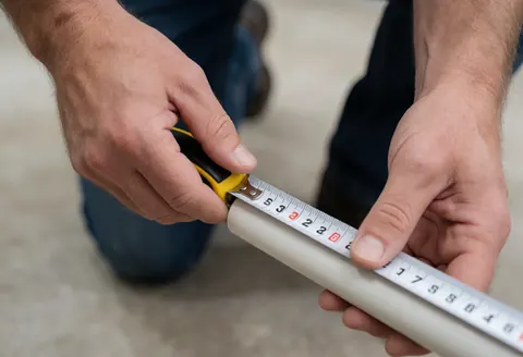 Close-up of a professional's hands measuring a PVC pipe with a tape measure in a hardware store workshop.