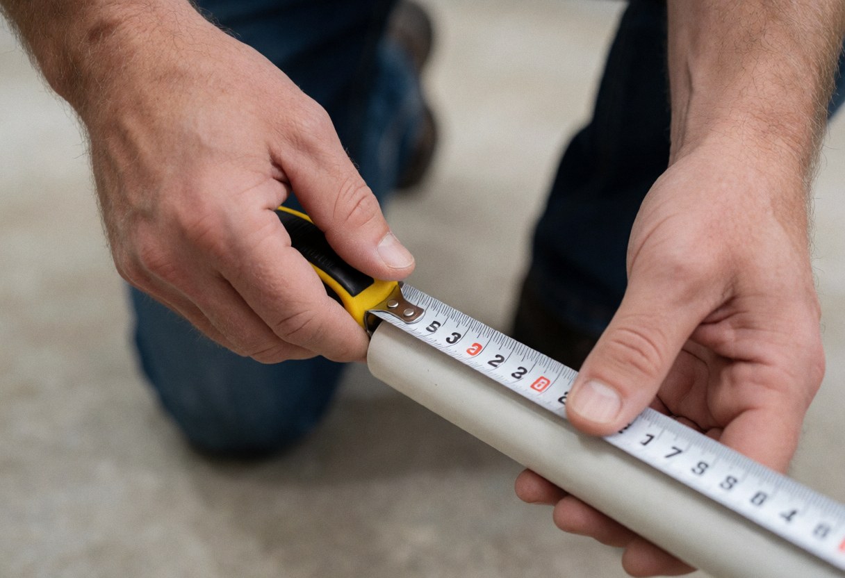 Close-up of a professional's hands measuring a PVC pipe with a tape measure in a hardware store workshop.