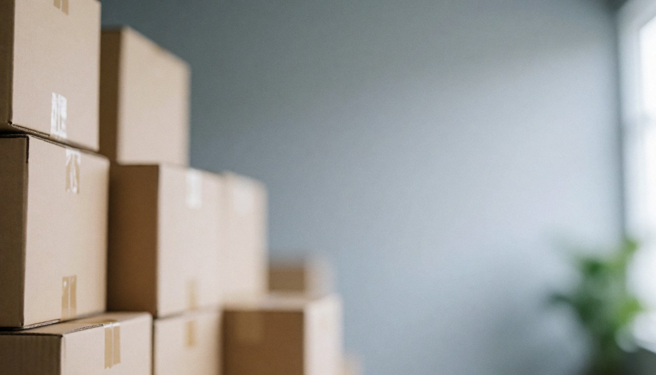 A blurred warehouse background with boxes and furniture, suitable for text overlay in business contexts
