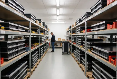Clean industrial warehouse storing solar panels and organized tools on shelves with a worker in the background under fluorescent lighting