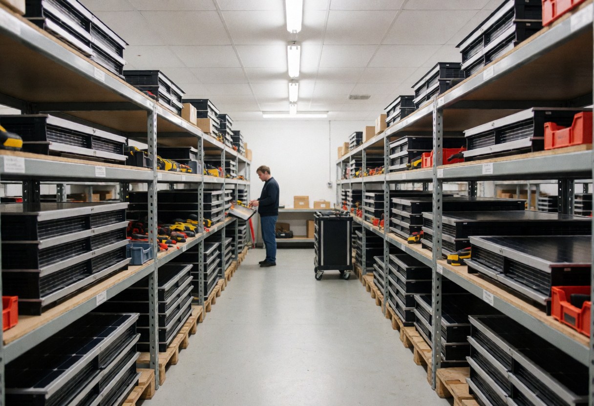 Clean industrial warehouse storing solar panels and organized tools on shelves with a worker in the background under fluorescent lighting