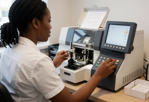 Professional optician adjusting eyeglass lenses on a precision optical machine with visible screen and controls in a clean workspace