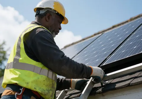 A worker wearing a hard hat and reflective vest installs a solar panel on a house roof under a blue sky, demonstrating safe solar energy service.