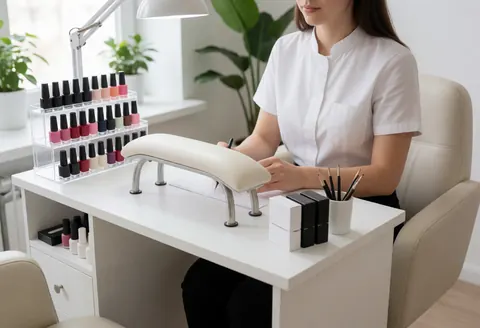 Manicurist working at a clean modern nail station equipped with a lamp, polymers, and a plant in a well-lit salon.