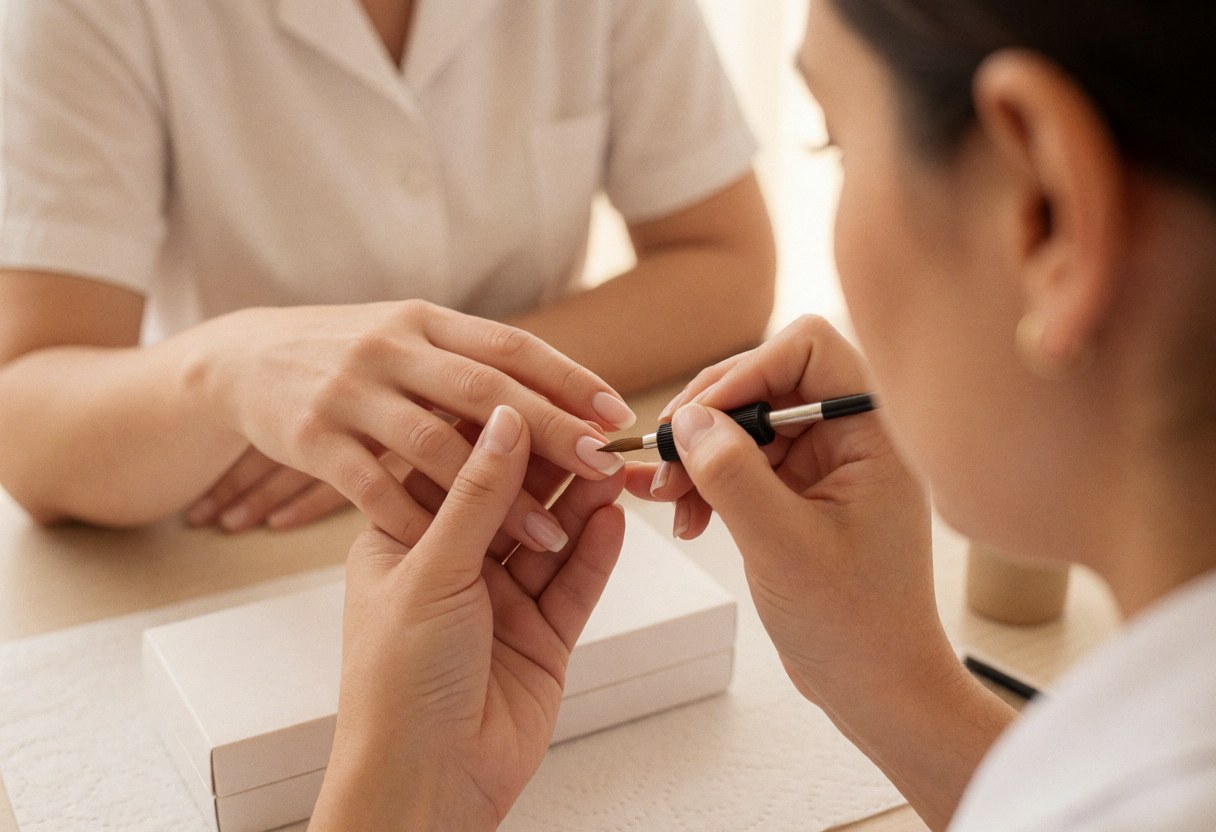 Close-up view from behind of a nail technician applying polish to a client's nails with a brush in a professional salon setting with warm lighting