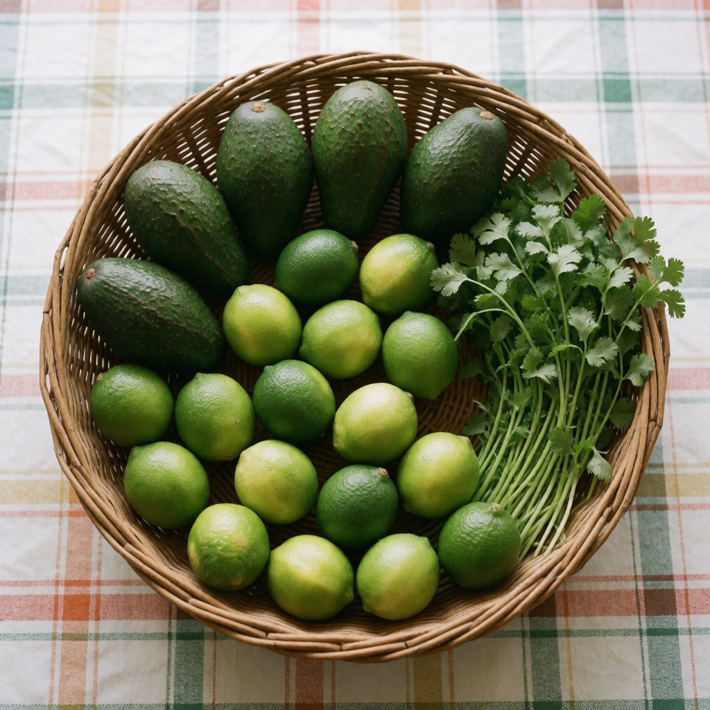 Wicker basket filled with fresh avocados, limes, and cilantro on a checkered tablecloth, perfect for a grocery store display.