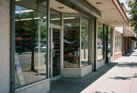 Exterior view of a hardware store featuring a large glass display window, entrance door, and reflections of trees and the street in bright sunlight.