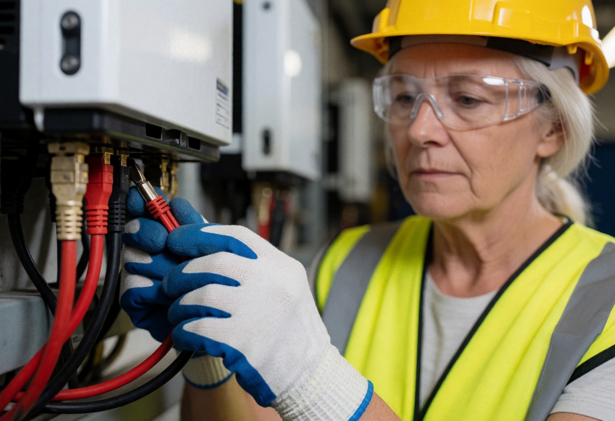 A woman in safety gear connects red and black solar cables to an inverter in an industrial workshop.