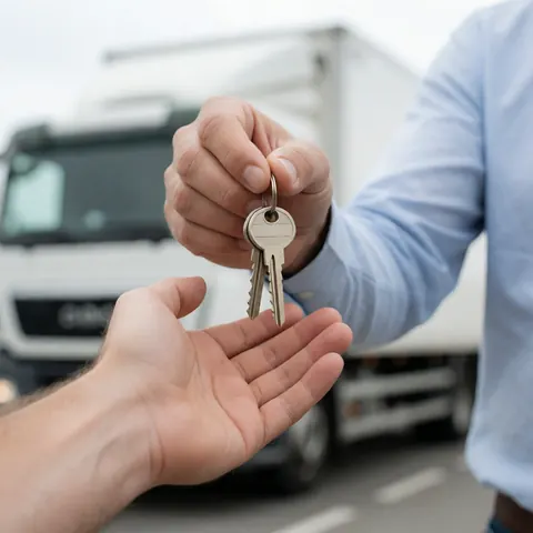 Close-up of a hand passing keys to another hand with a blurred moving truck in the background, symbolizing the completion of a relocation service.