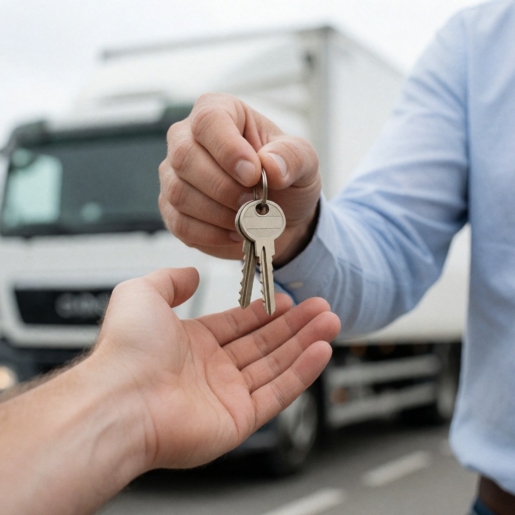 Close-up of a hand passing keys to another hand with a blurred moving truck in the background, symbolizing the completion of a relocation service.