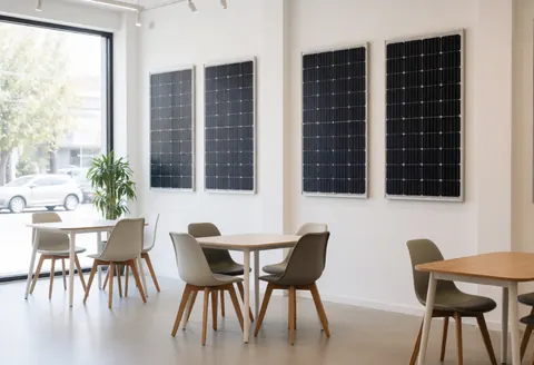 Showroom interior featuring solar panels on white walls, modern tables and chairs, and natural light from large windows.