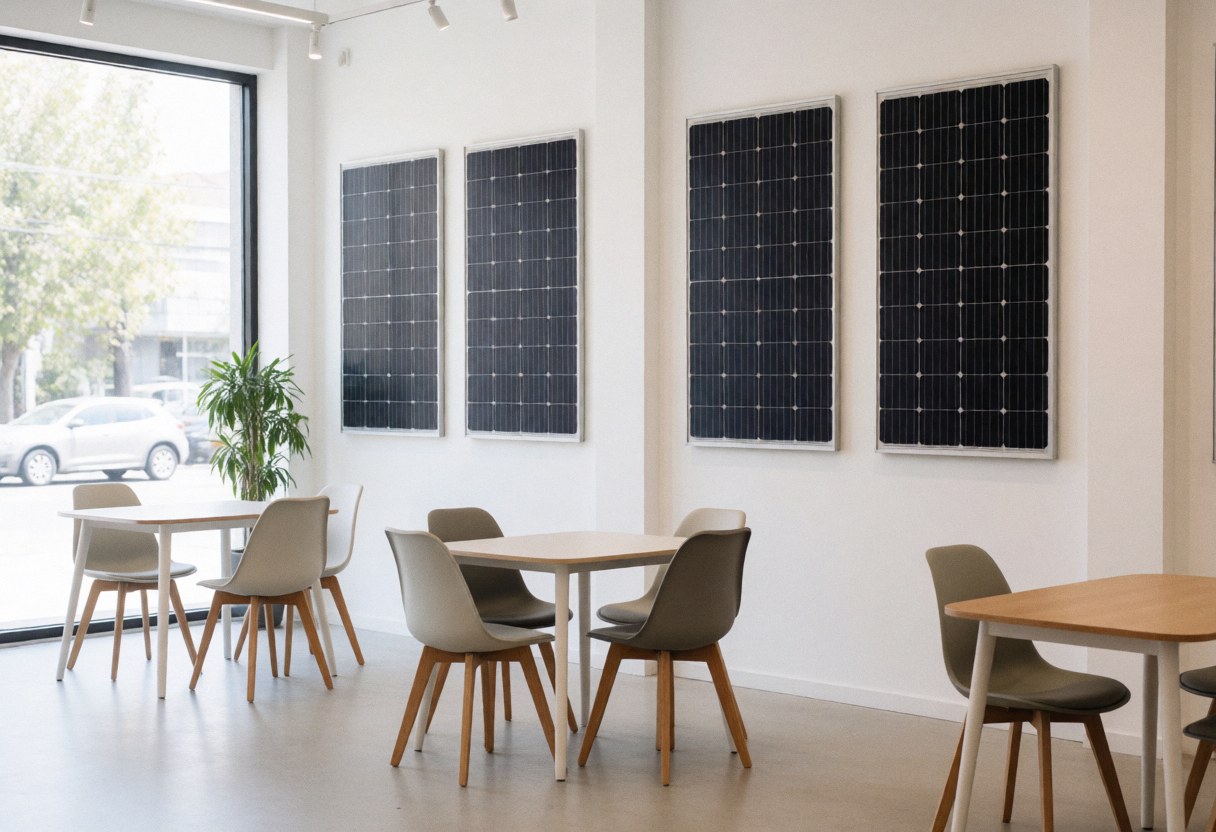 Showroom interior featuring solar panels on white walls, modern tables and chairs, and natural light from large windows.