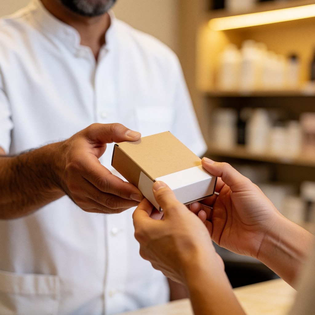 A nail salon professional delivers a box of nail care products to a client in a warmly lit salon with wooden shelves.
