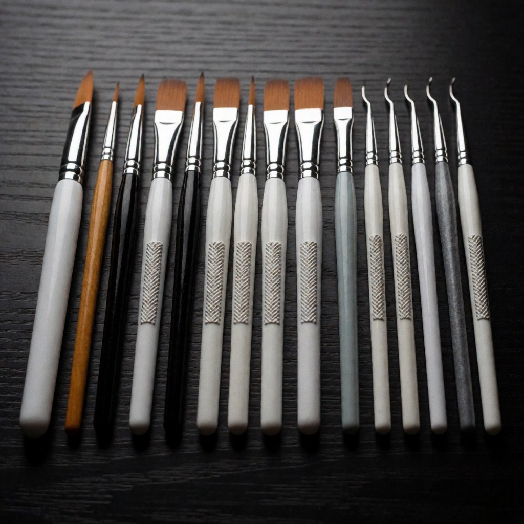 Set of professional nail art brushes and tools arranged neatly on a dark wooden table with dramatic lighting, ideal for beauty salons