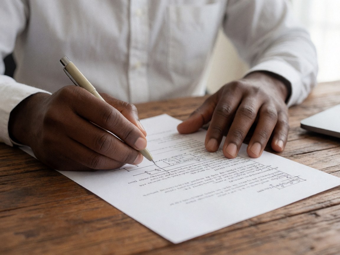 Close-up of a hand signing a legal document on a wooden office desk with natural light and office supplies visible