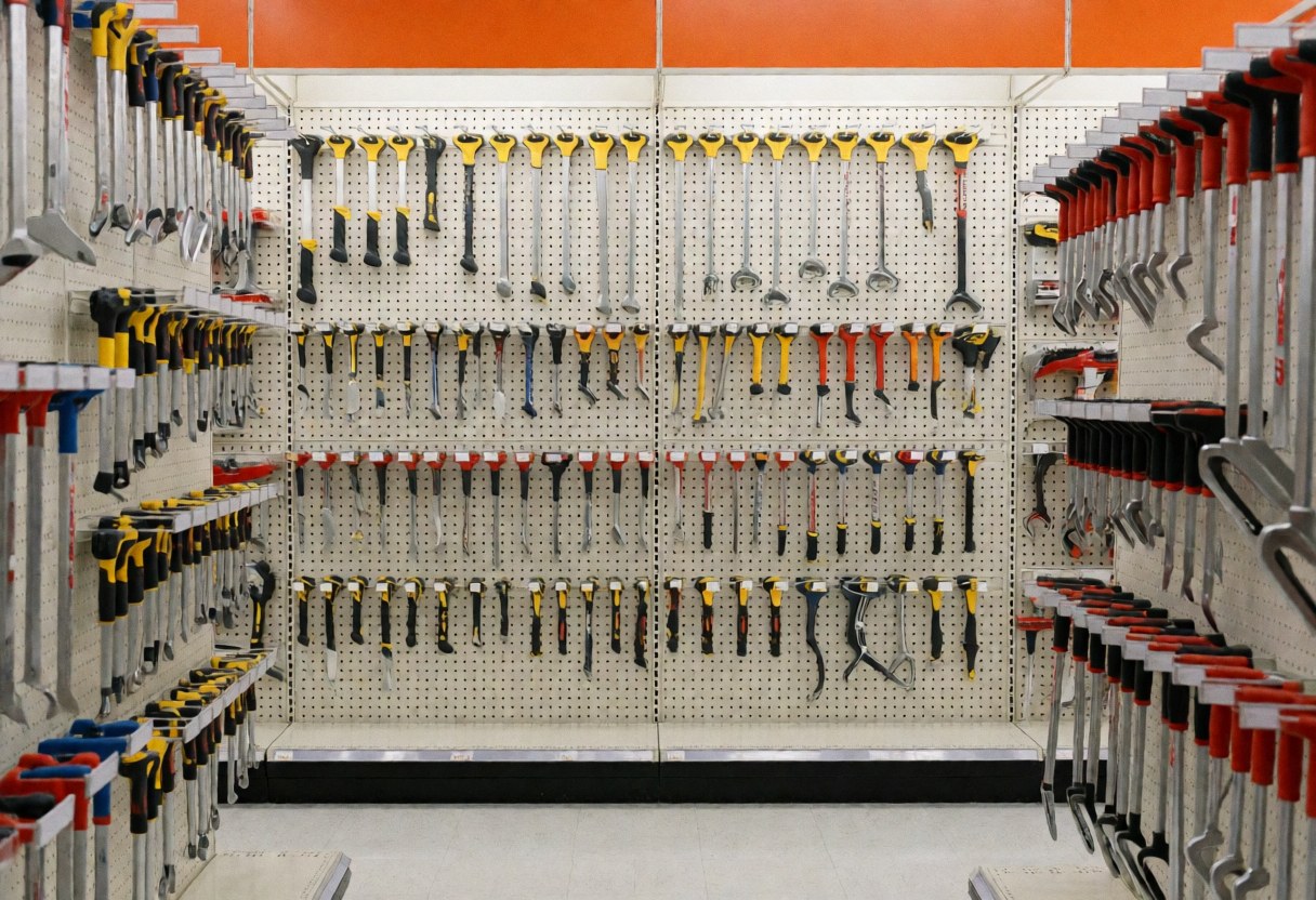 A well-organized hardware store aisle displaying various hand tools, wrenches, screwdrivers, and hammers hanging on the wall for retail customers.